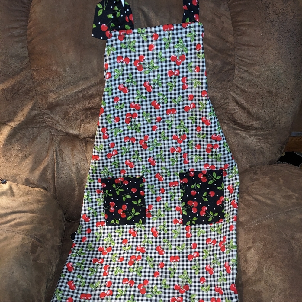 Kitchen Apron Black & White Checkered Cherries Cherry Cooking Apron
